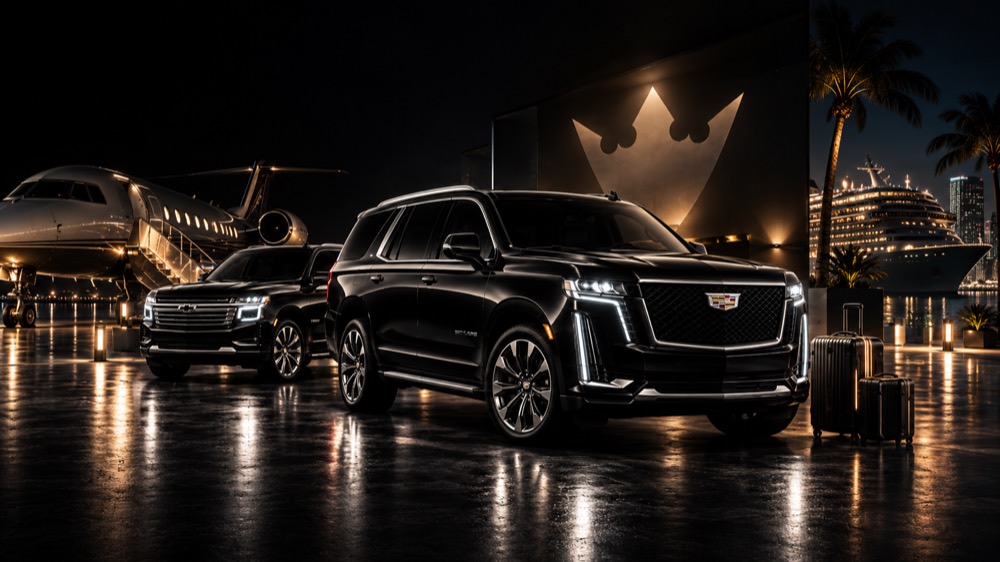Black Escalade and SUV beside a private jet, with a cruise ship in the background