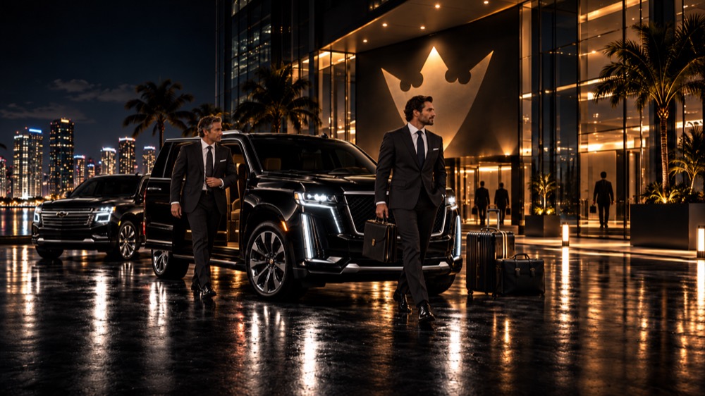 Chauffeur opening the door of a black Escalade for an executive in Brickell