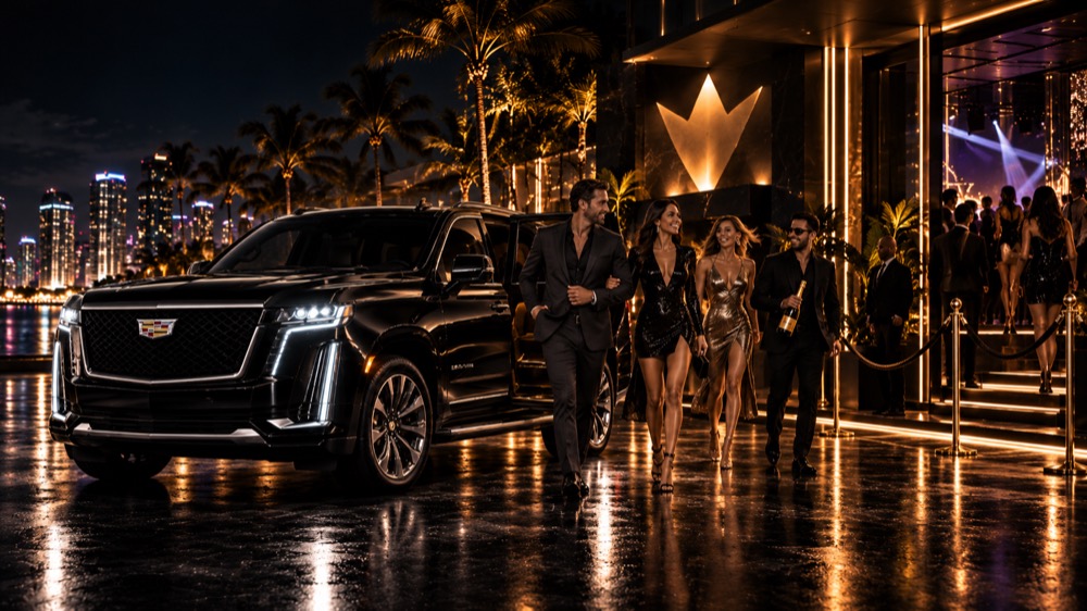 Group arriving at a Miami nightclub in a black Escalade