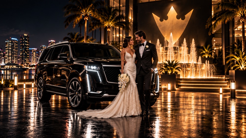 Bride and groom next to a black Escalade at night in Miami